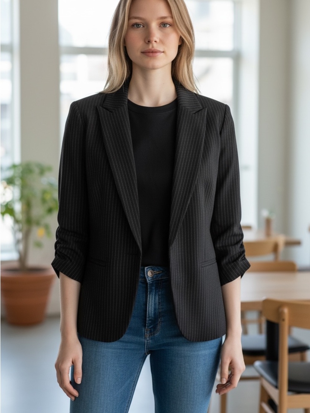 Amanda + Chelsea Pinstripe Ruched Sleeve Blazer NWT Size 10 Career Office